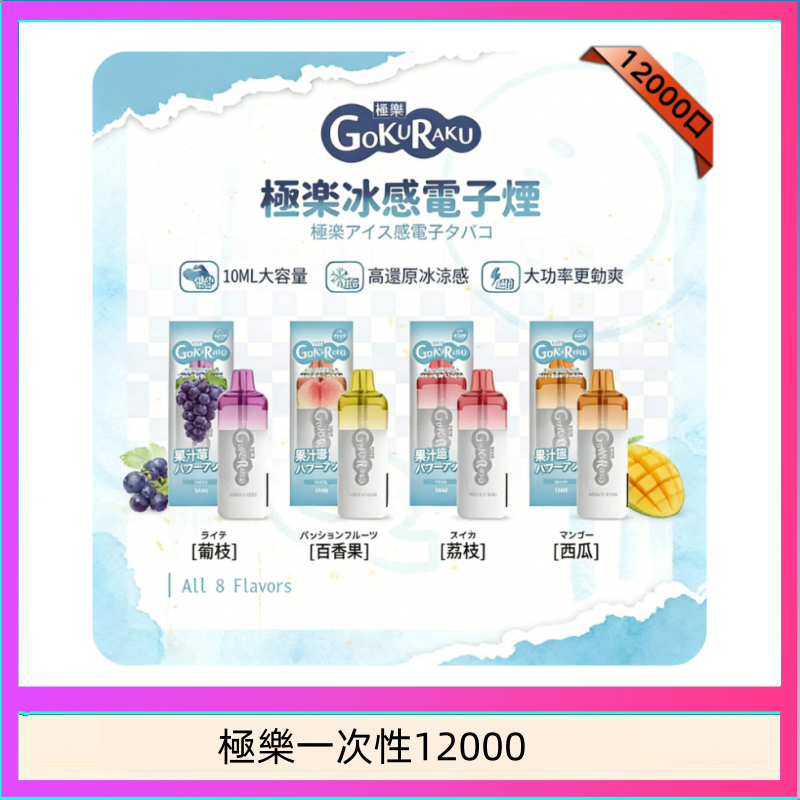 【8種口味】極楽 12000口一次性電子煙|超大容量 |口感絲滑|新品